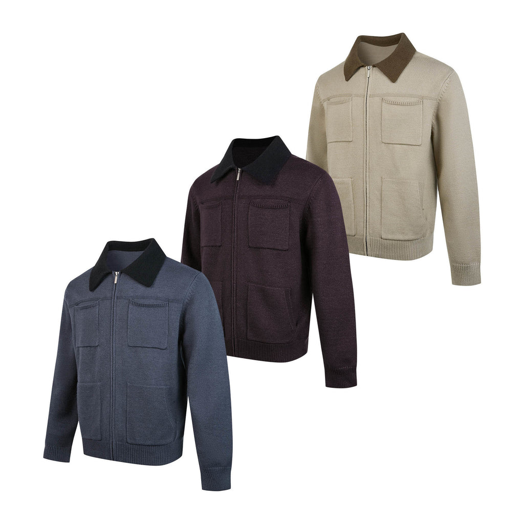 Zipper Cardigan Sweater with Double Pockets and Color Block Lapel for Both Men and Women