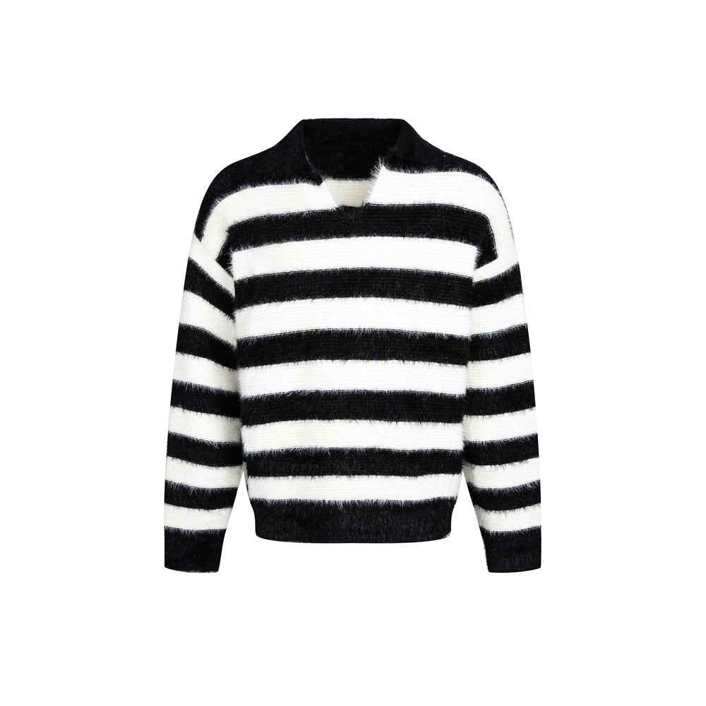 Academic Style Men's Sweater, Striped V-Neck Long Sleeve, Casual Loose Fit Knitwear for Men