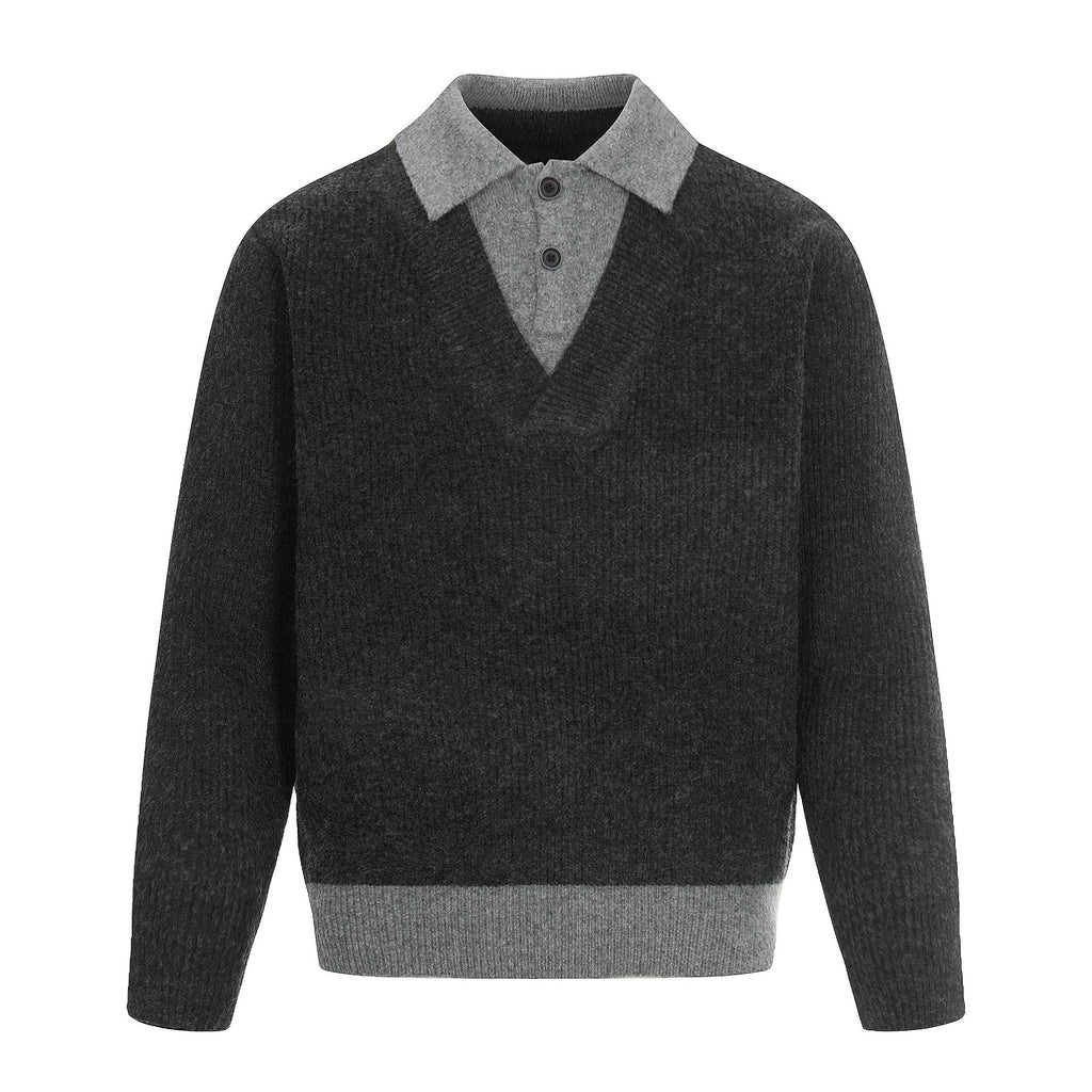 Color-blocked Mock Two-piece Polo Neck Knit Sweater for Men