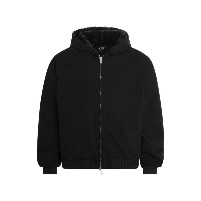 Street Retro Mountain Carving Hooded Fleece Work Jacket Double Zipper Warm Top Unisex