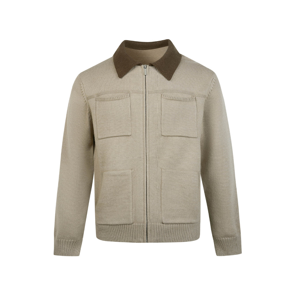 Zipper Cardigan Sweater with Double Pockets and Color Block Lapel for Both Men and Women