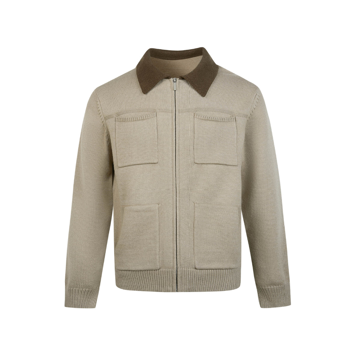 Zipper Cardigan Sweater with Double Pockets and Color Block Lapel for Both Men and Women