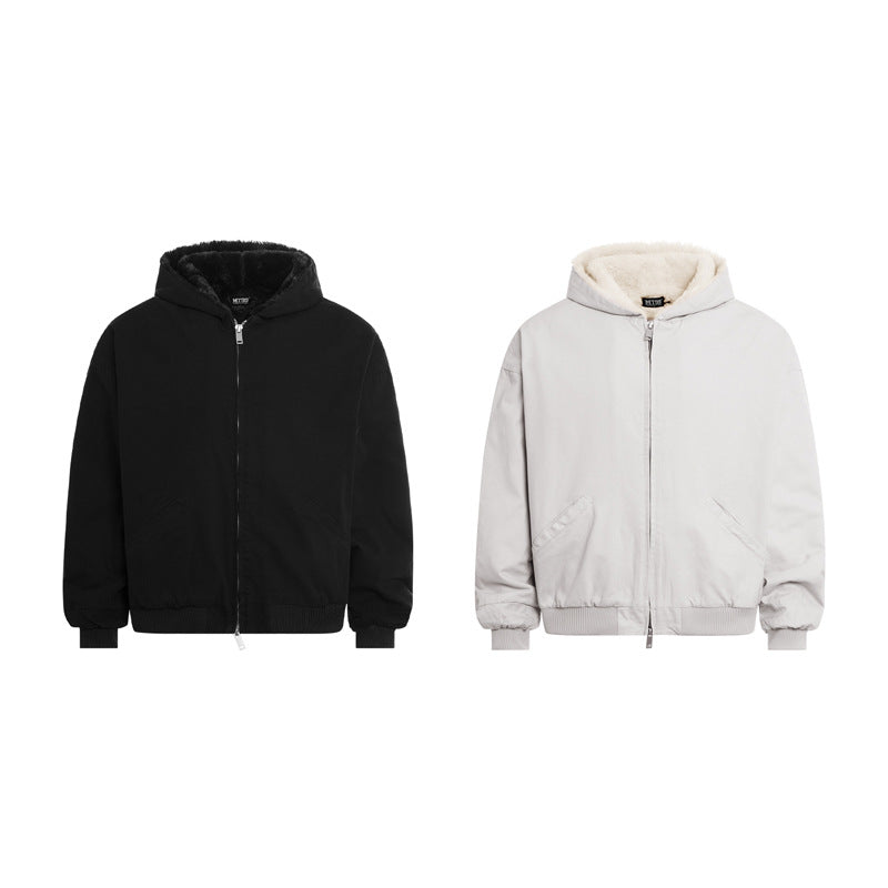 Street Retro Mountain Carving Hooded Fleece Work Jacket Double Zipper Warm Top Unisex