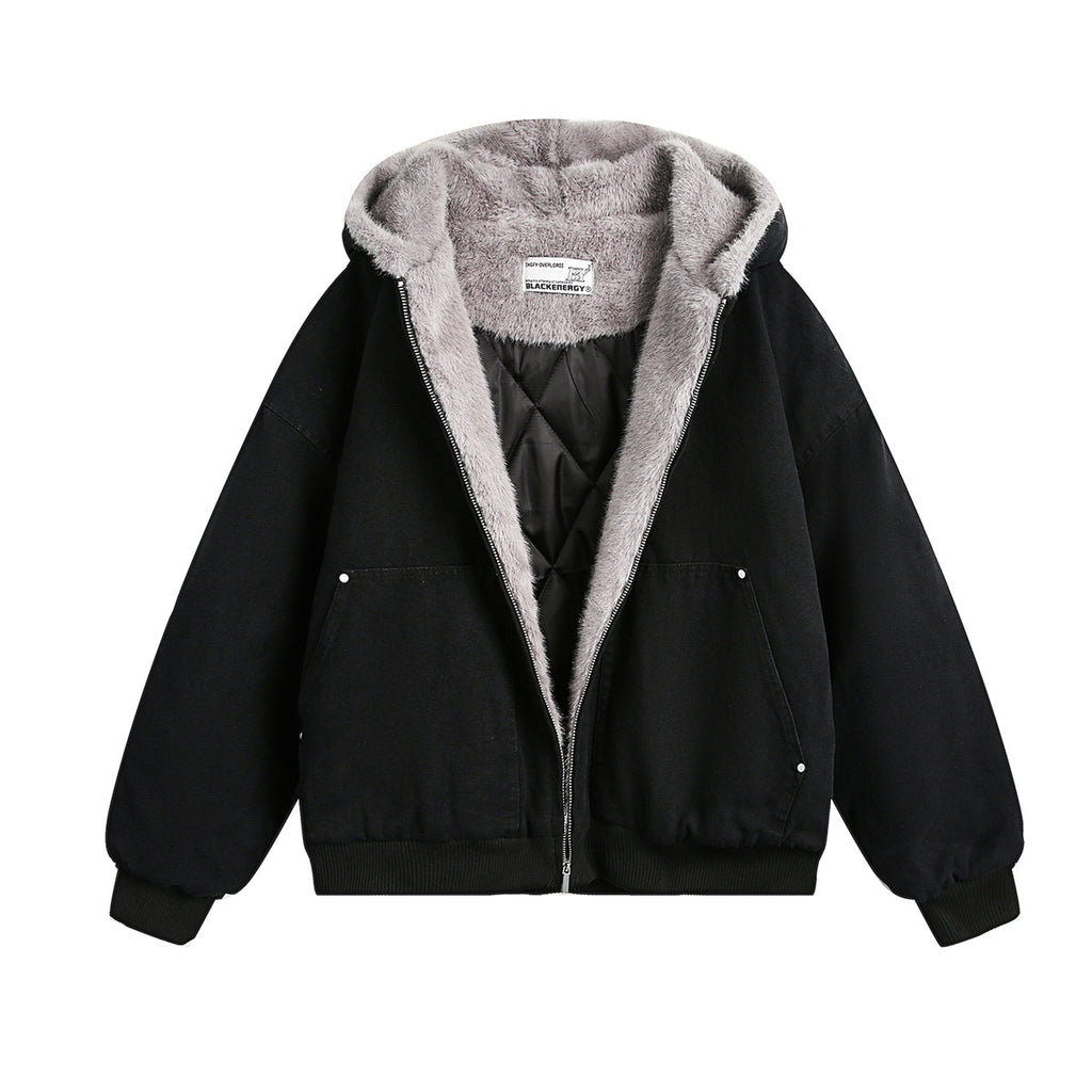 Haired collar hooded cotton jacket for men and women