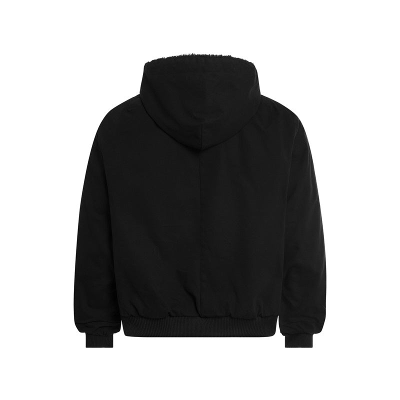 Street Retro Mountain Carving Hooded Fleece Work Jacket Double Zipper Warm Top Unisex