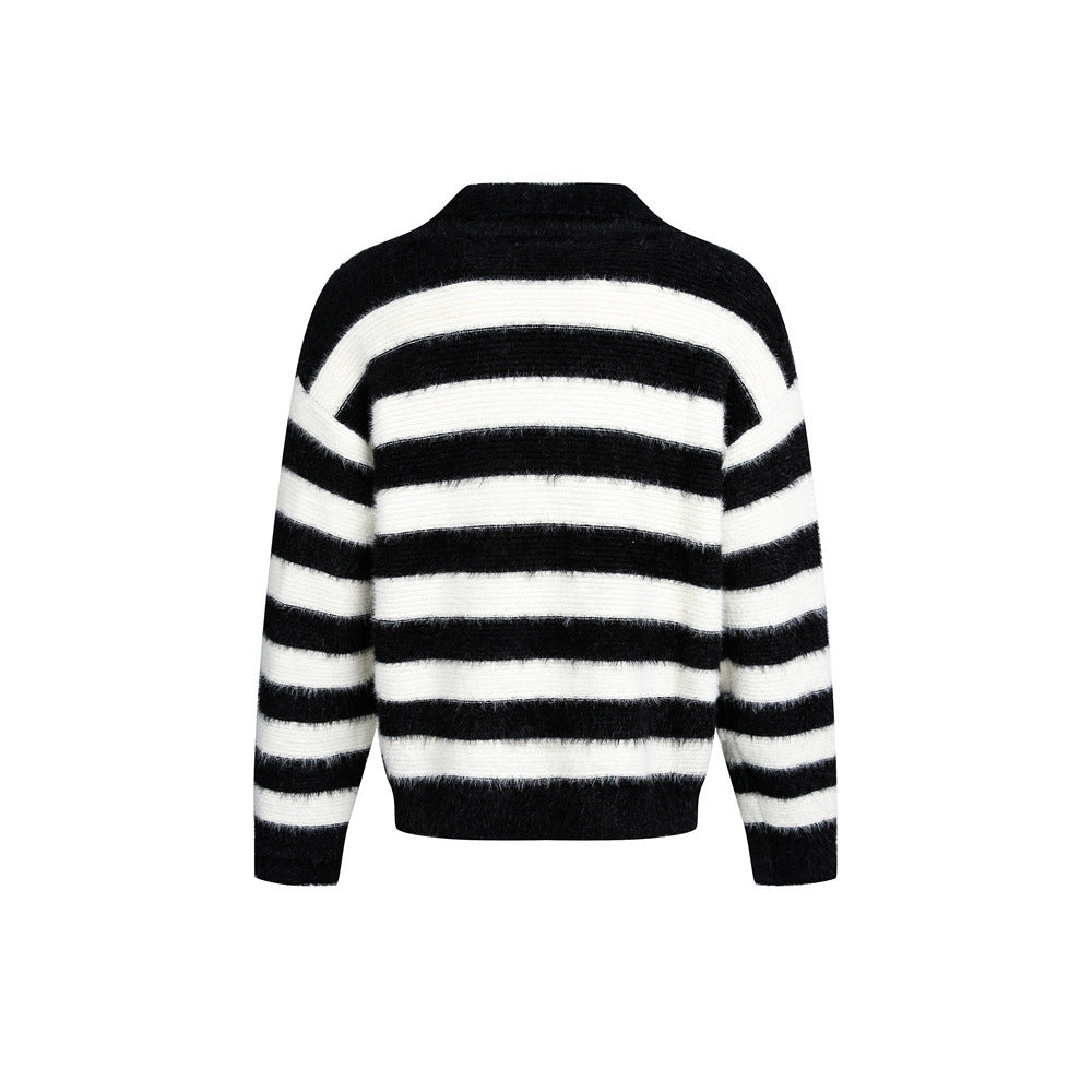 Academic Style Men's Sweater, Striped V-Neck Long Sleeve, Casual Loose Fit Knitwear for Men