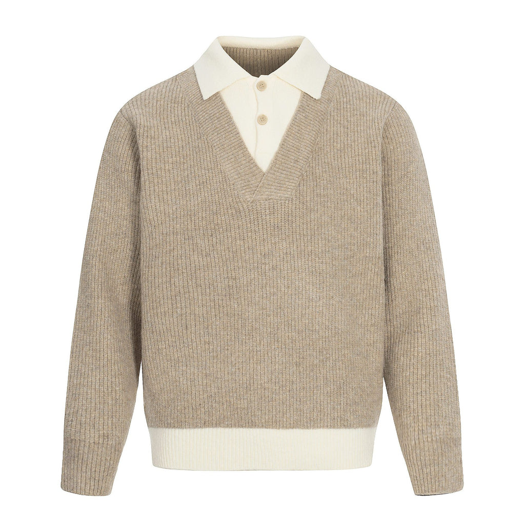 Color-blocked Mock Two-piece Polo Neck Knit Sweater for Men