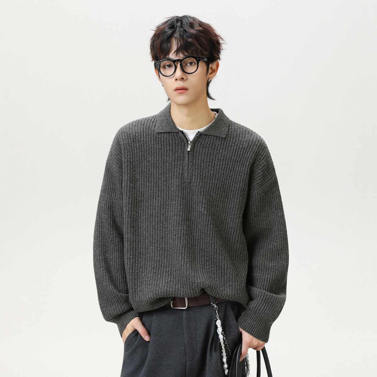 Half zip lapel sweater for men