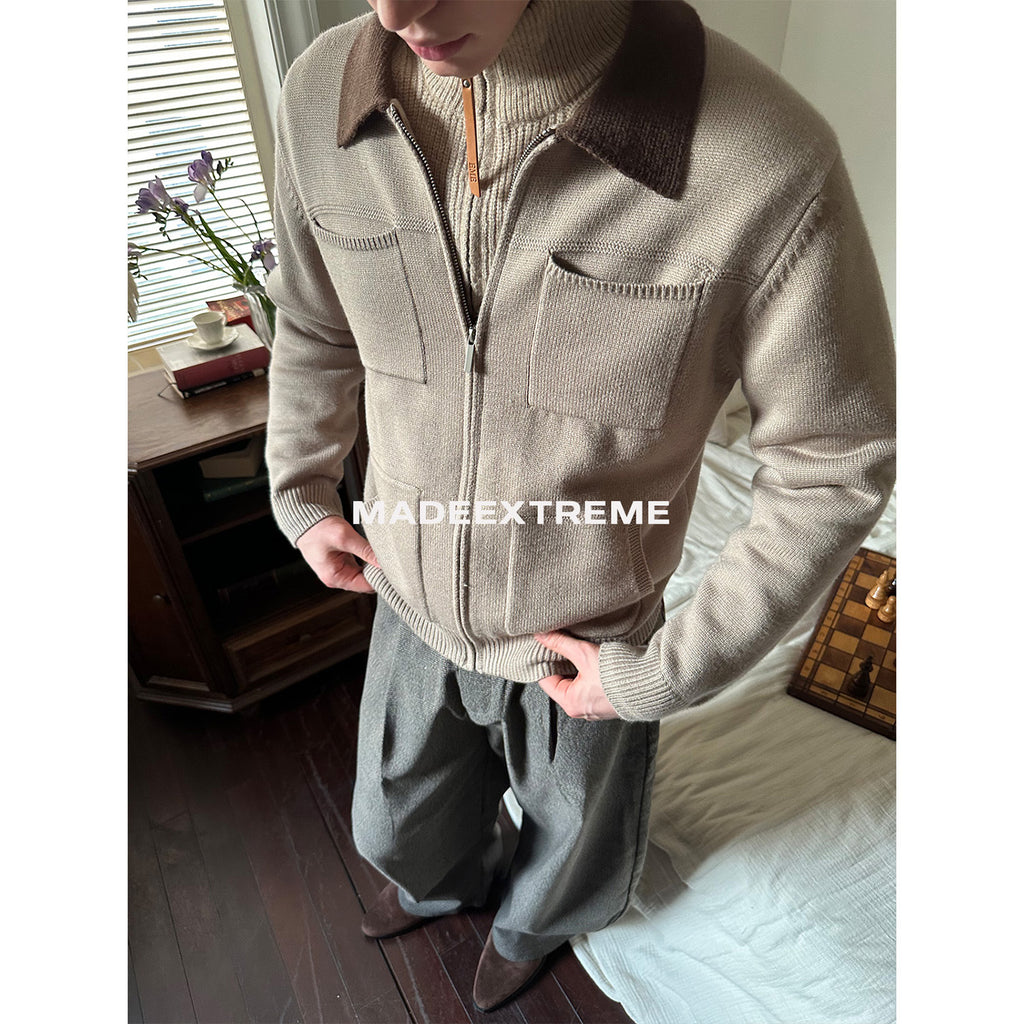 Zipper Cardigan Sweater with Double Pockets and Color Block Lapel for Both Men and Women