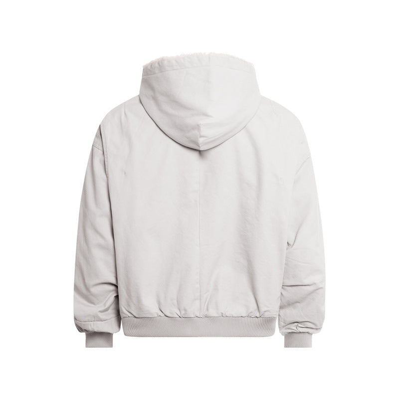 Street Retro Mountain Carving Hooded Fleece Work Jacket Double Zipper Warm Top Unisex