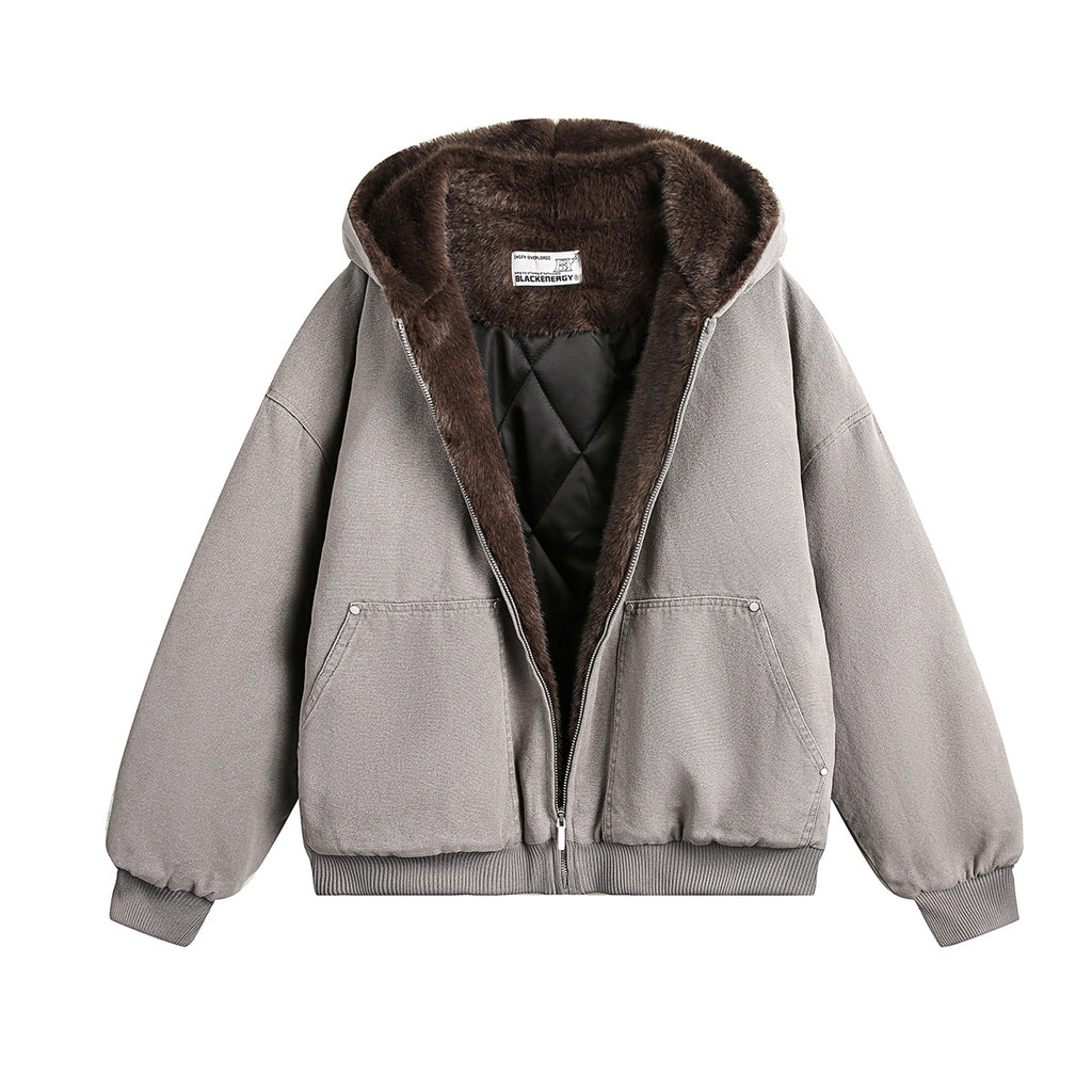 Haired collar hooded cotton jacket for men and women