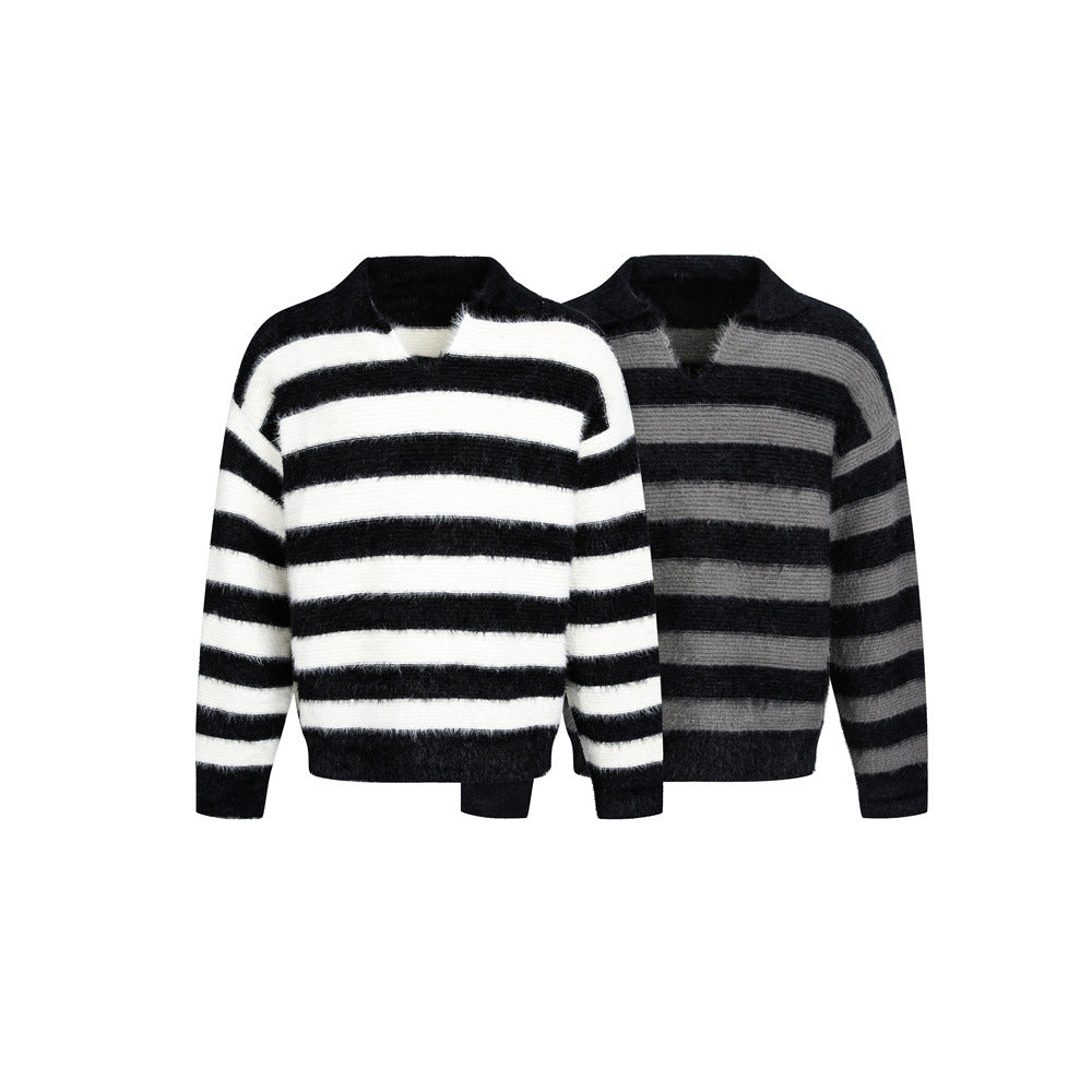 Academic Style Men's Sweater, Striped V-Neck Long Sleeve, Casual Loose Fit Knitwear for Men
